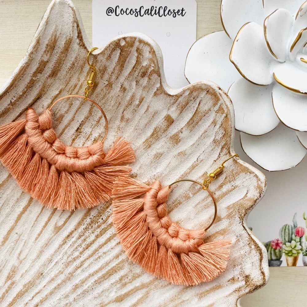 Boho Tassel Macrame Drop Hoop Earrings NWT